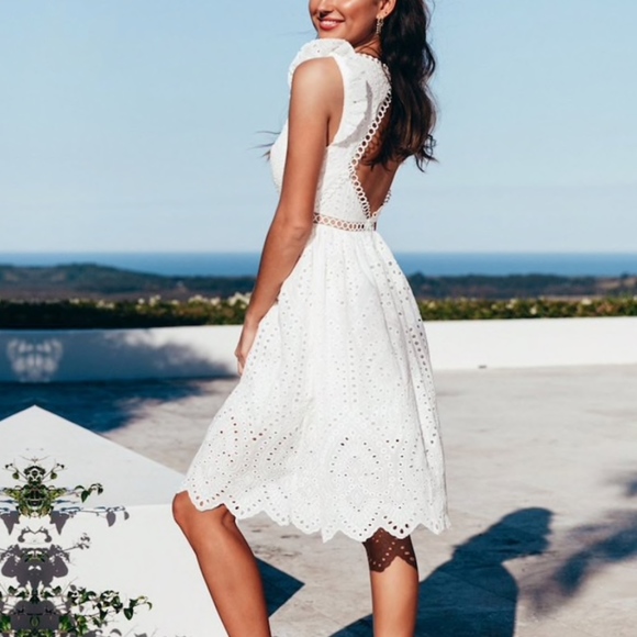 White Eyelet V-Neck Backless Summer Dress - Picture 3 of 8